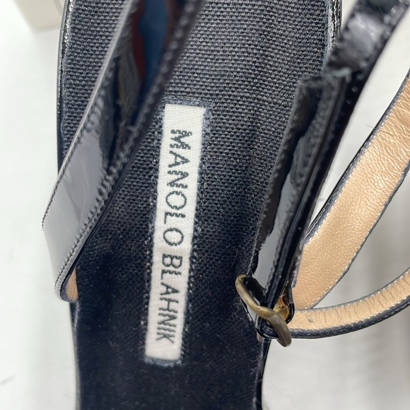 Manolo Blahnik Gorgeous Ribera Black Patent Leather Woven Wedge Anklet Sandles - Picture 4 of 12